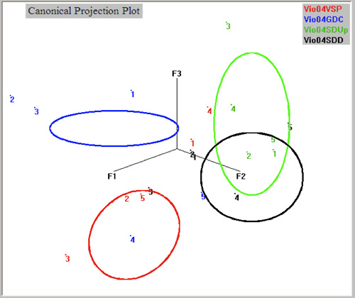 Canonical projection plots of Viognier wines produced on Geneva Double Curtain (GDC), Smart-Dyson (SD) Down or Up, and Vertical Shoot Positioned (VSP) training in 2004